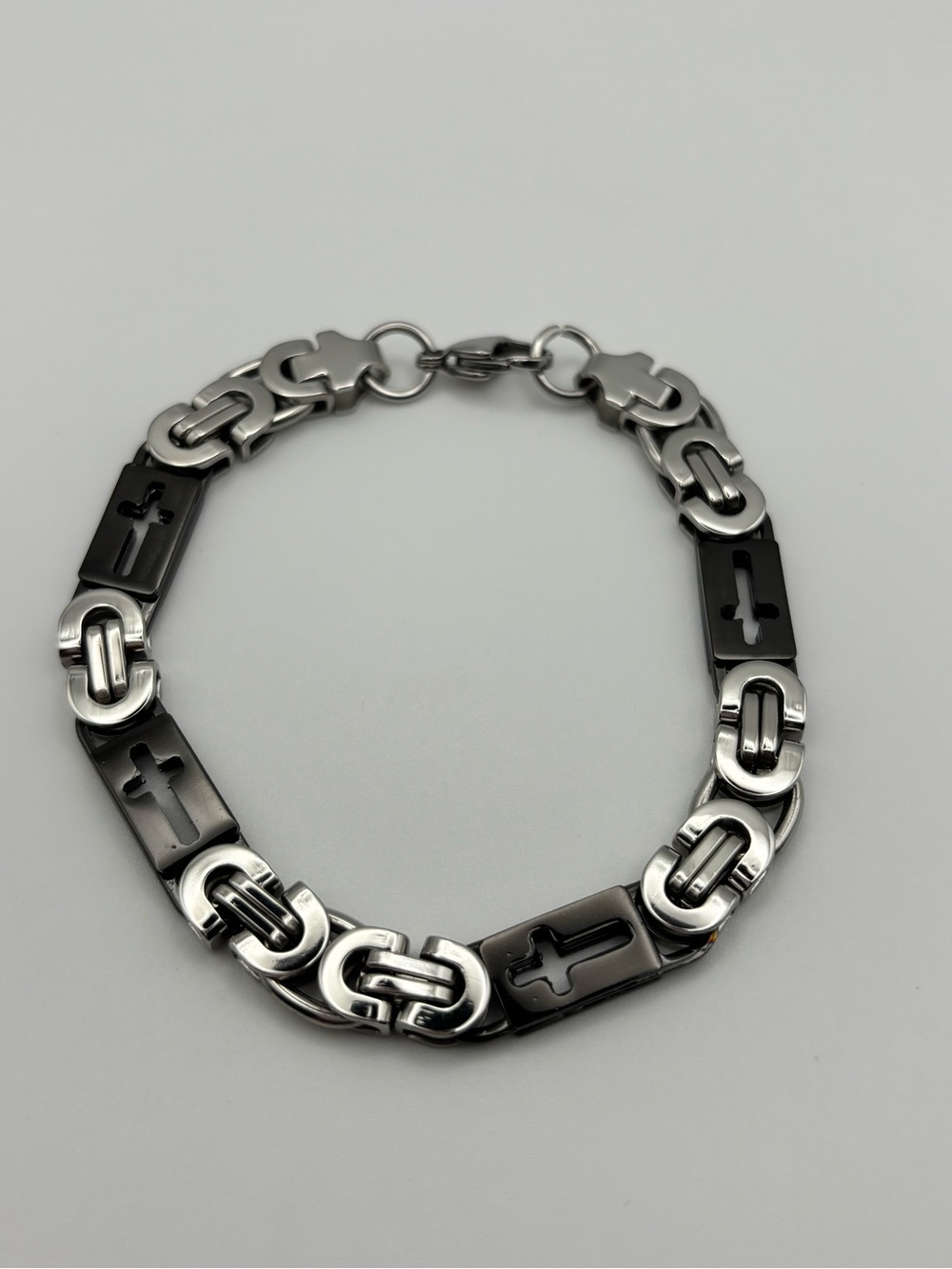 Stainless Steel Black and Silver Cross Link Bracelet